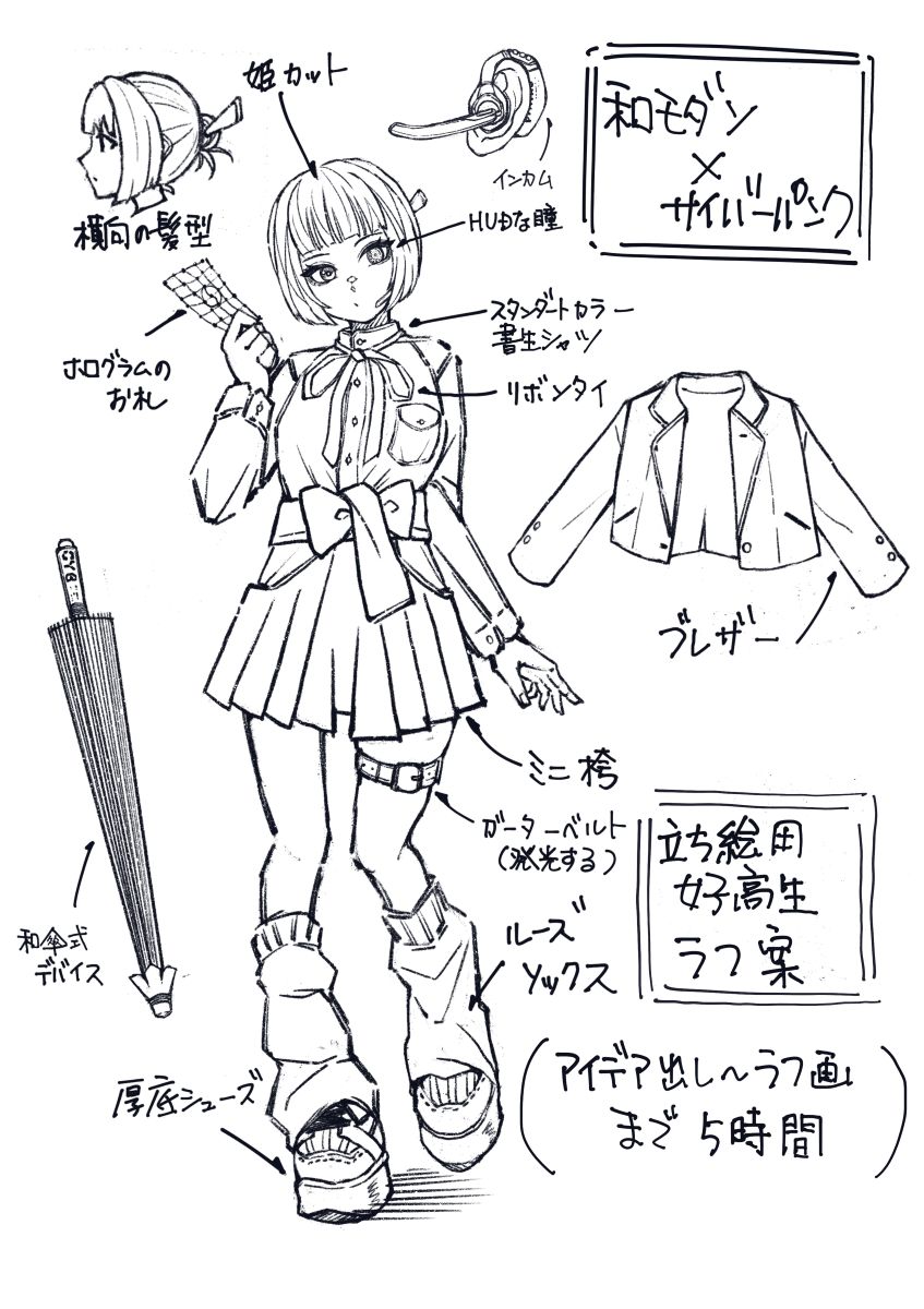 和モダン×サイバーパンク要素を取り入れた立ち絵用の女子高生のラフ