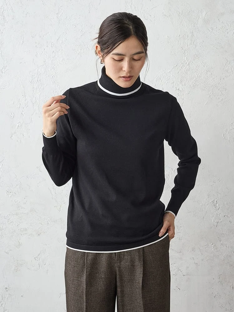 オフホワイト 天竺タートルネックニット オフホワイト/ブラック