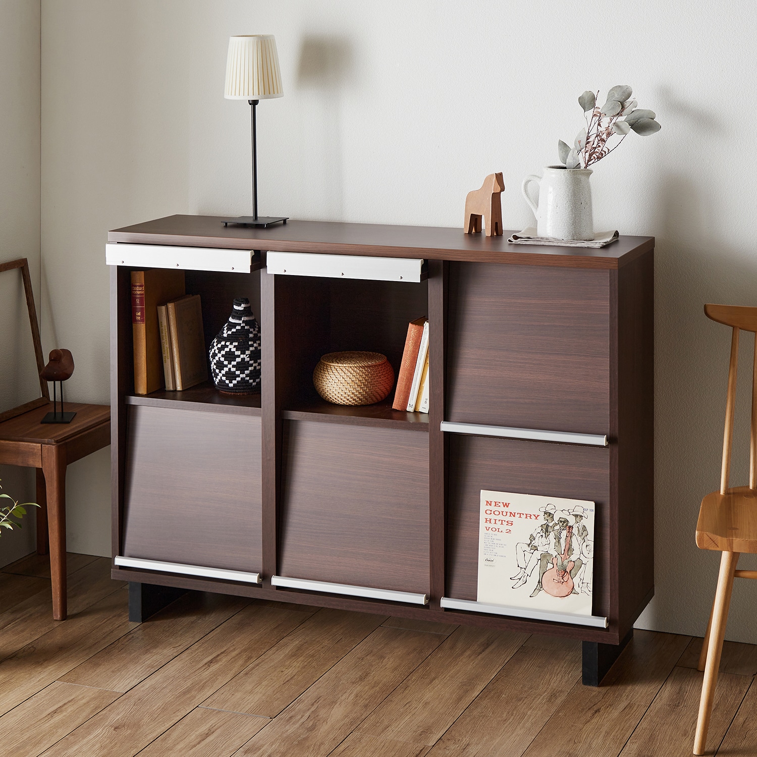 木目調フラップキャビネット（キャビネット/リビングボード/チェスト