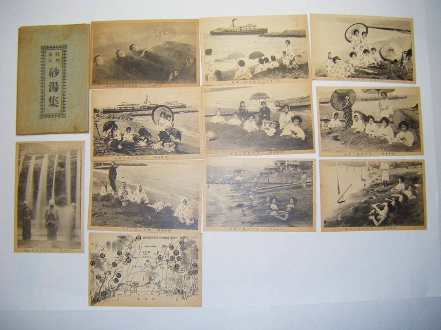 大正 昭和 初期 戦前 写真 地図「絵葉書 別府 温泉 砂湯 集 11点袋付き