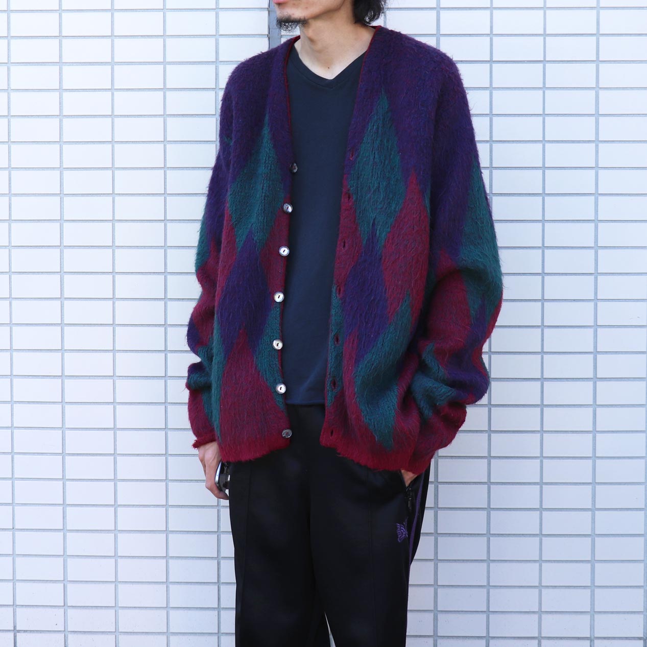 POST JUNK / 60's REVERE アーガイル柄 モヘアカーディガン [XL]