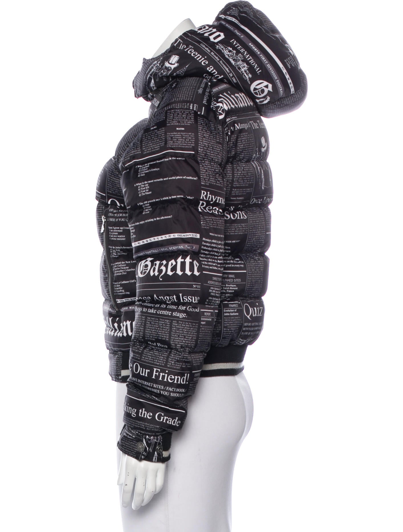 John Galliano Newspaper Print Puffer Coat - Black Coats, Clothing