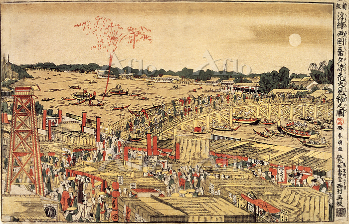 葛飾北斎作浮世絵版画「絵本隅田川両岸一覧」上巻越前和紙複製画