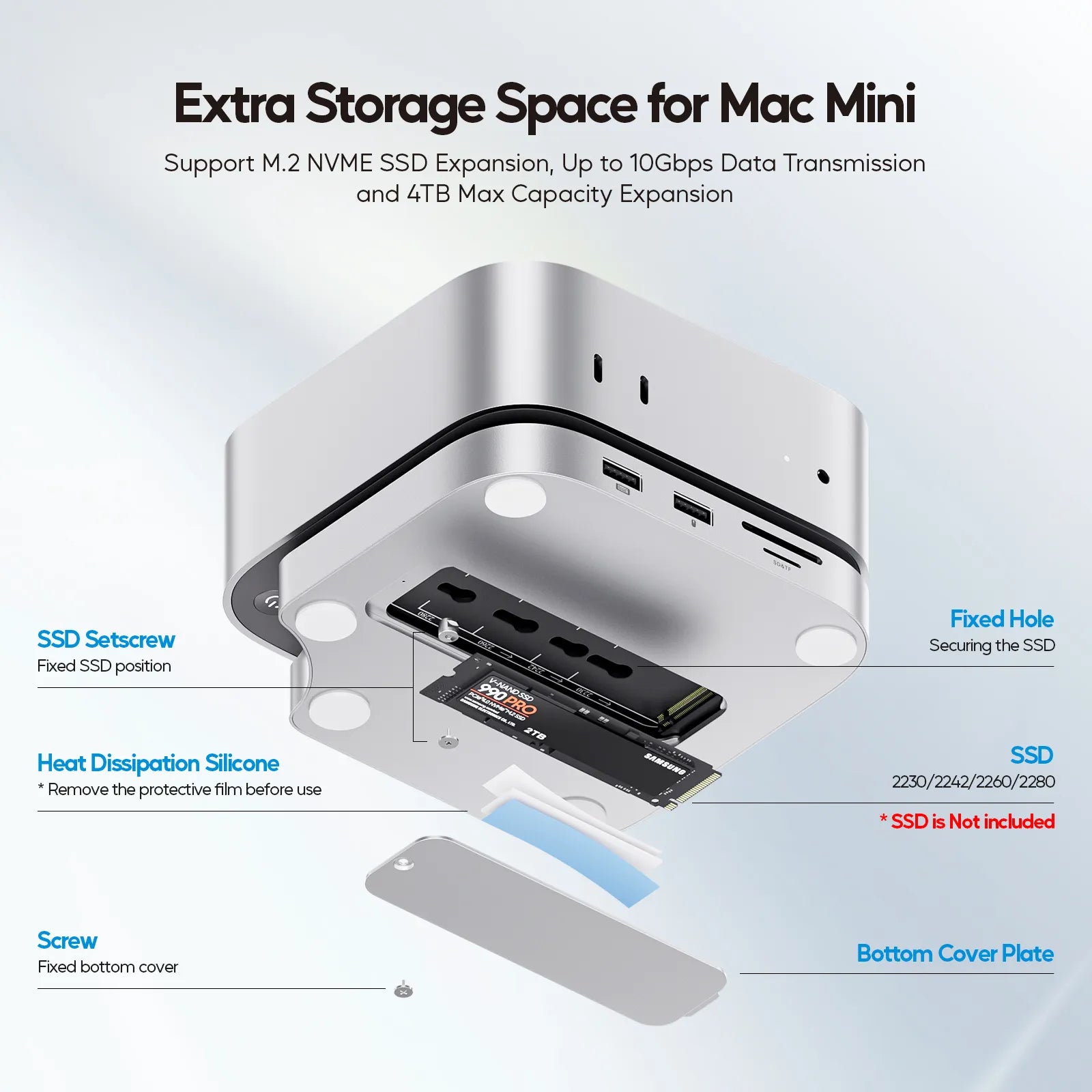 PULWTOP Mac Mini M4 USB C Hub Accesorios & Stand（9-in-1, M.2 SSD