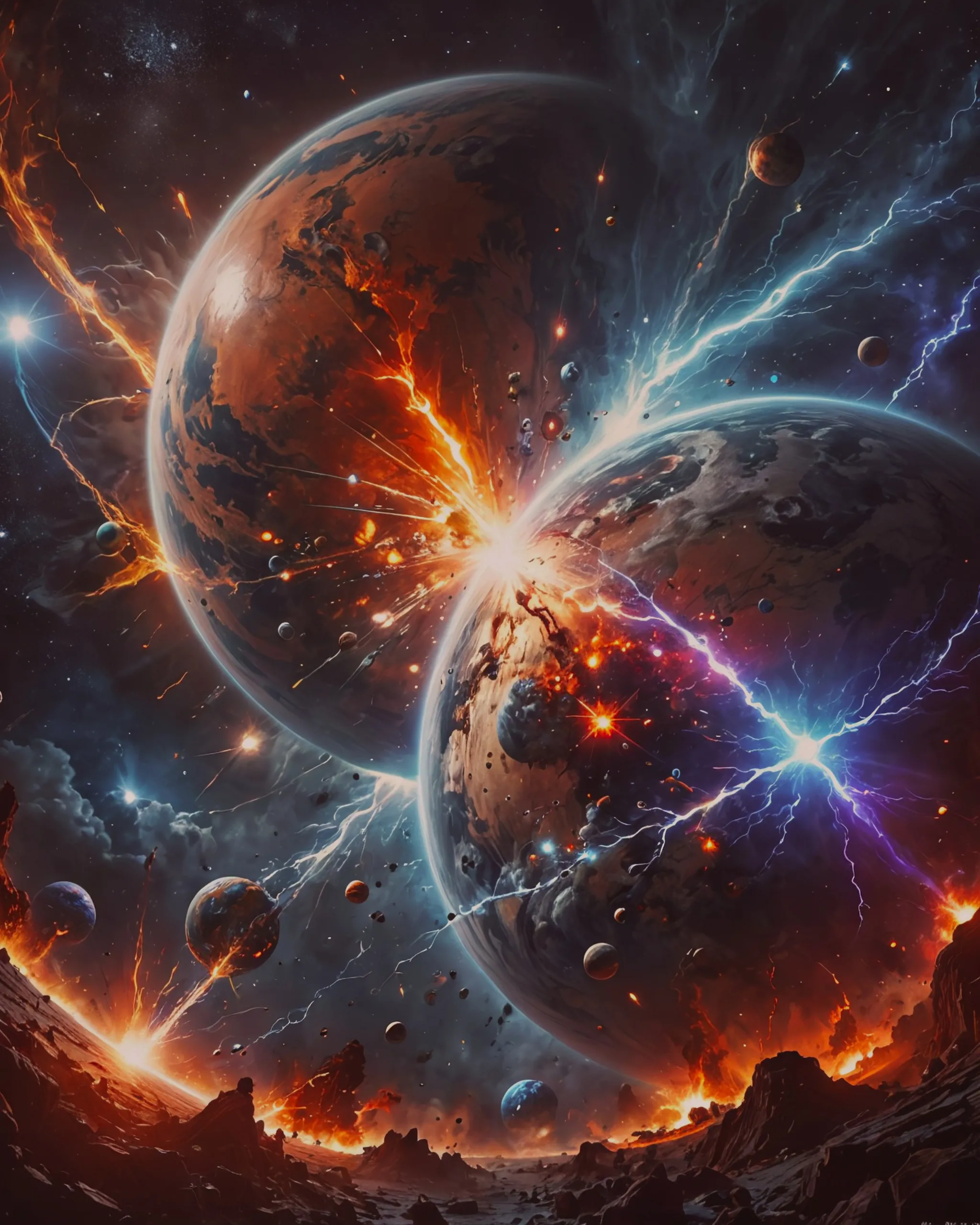 two planets colliding, shock a - - Free AI Photo Generator - starryai