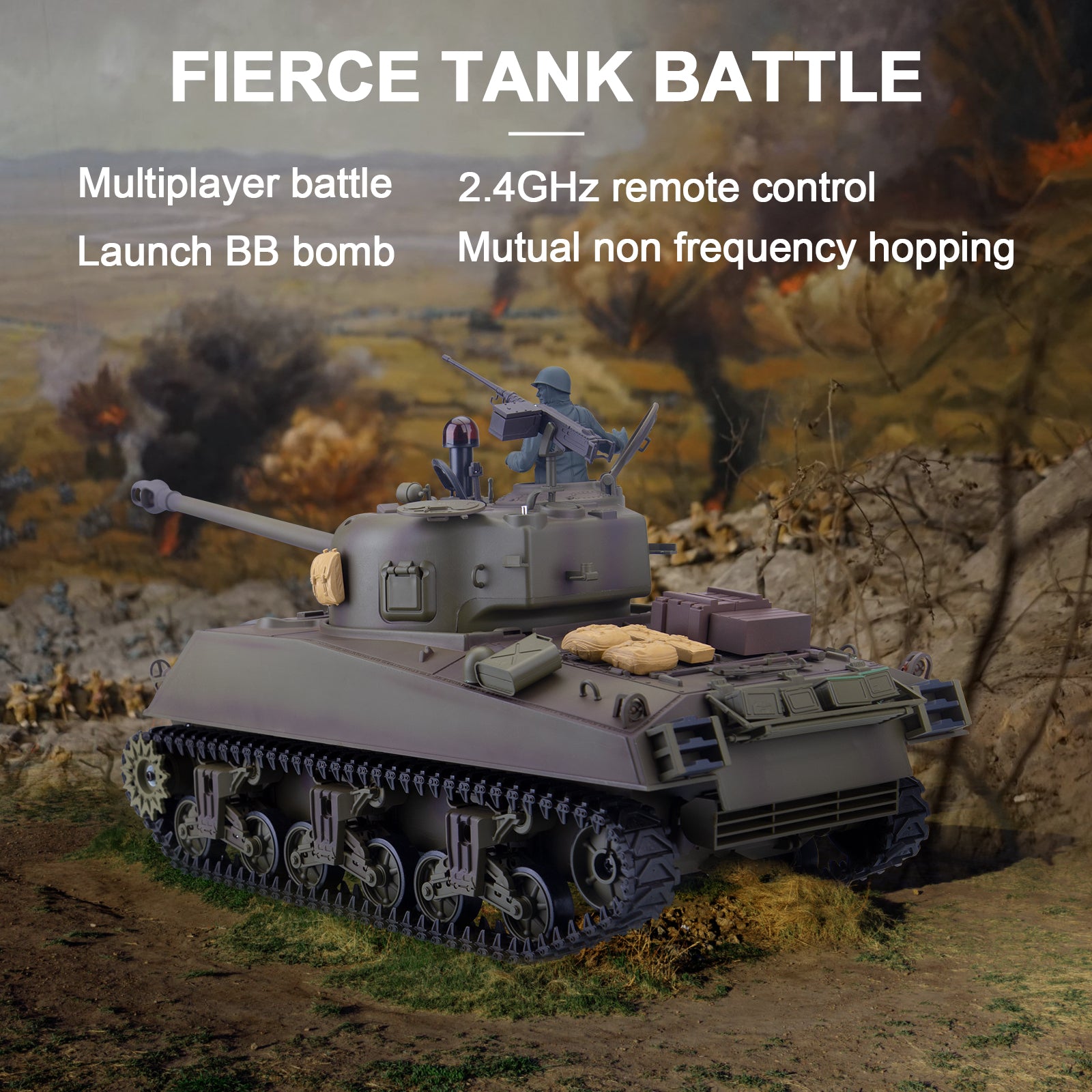 1/16 2.4G RC US M4A3 Sherman Medium Tank Vehicle Model Steel Gear