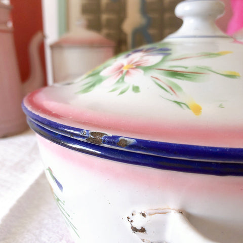 フランスJAPYジャピー社 アンティークホーロー両手鍋 ピンクローズ