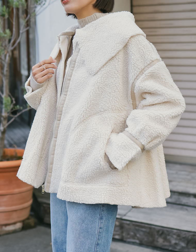 ビッグカラーフェイクレザーパイピングフレアボアコート - ジャケット