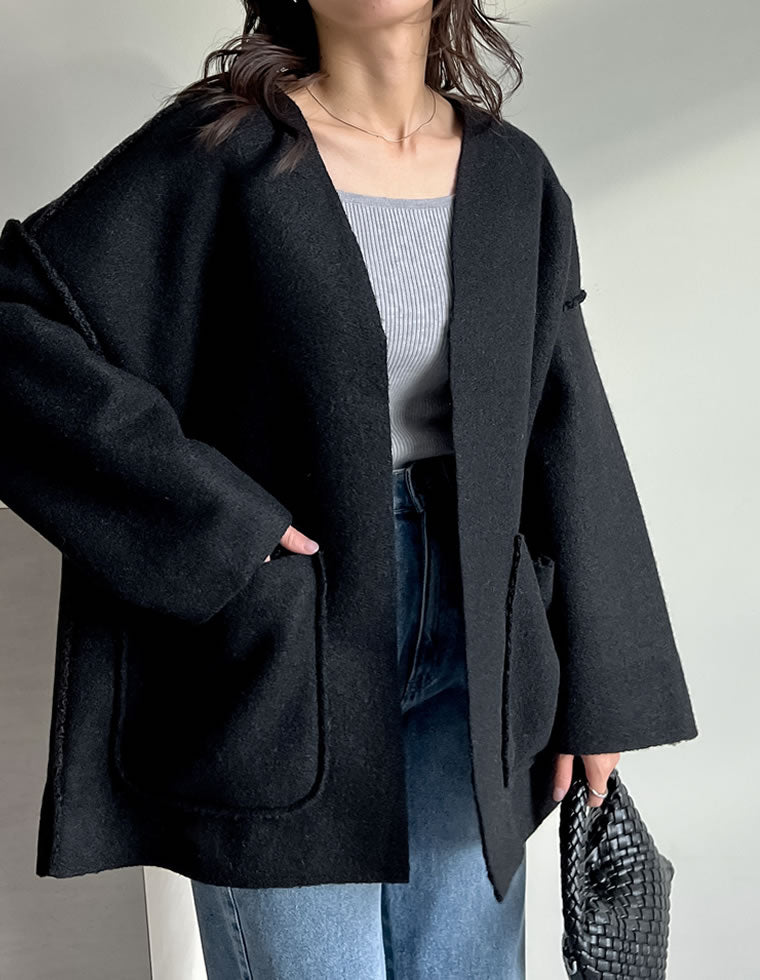 リバーシブルフェイクウールorシープライクボアノーカラーミドルコート