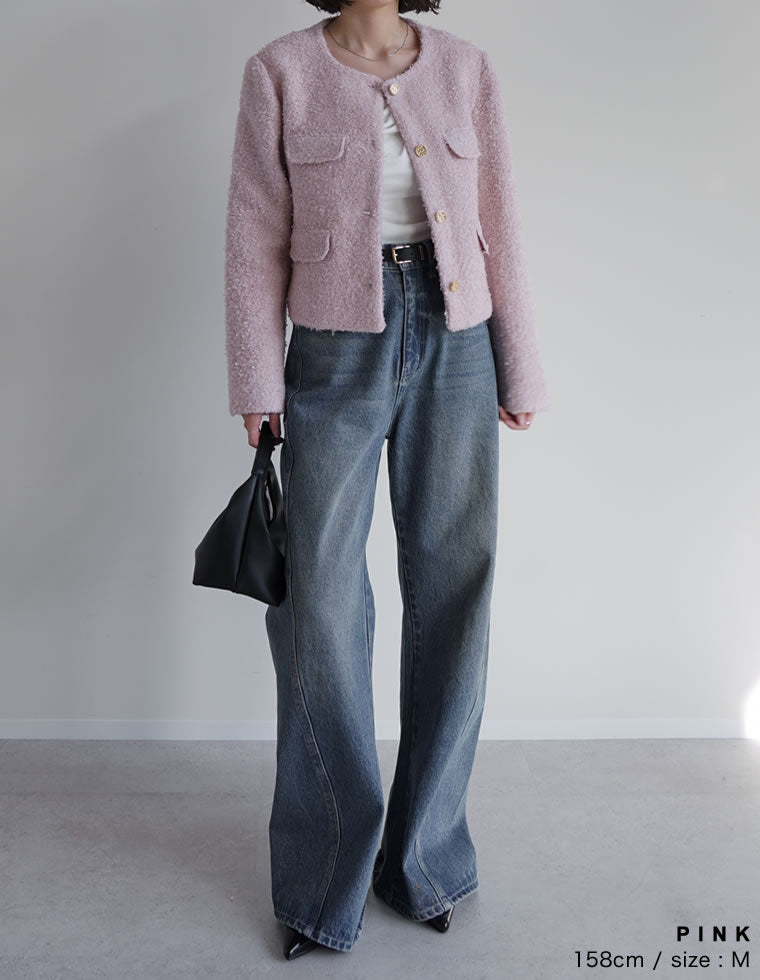 ボアリボン金釦ノーカラーツイードジャケット - ジャケット/アウター