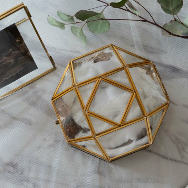 ガラスと真鍮でできた ジュエリーボックス ガラス ストッパー付き 八角