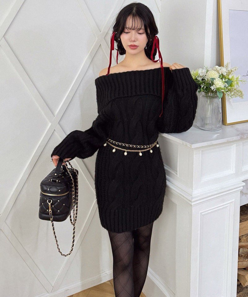 オフショルケーブルニットミニワンピース｜ROYAL PARTY ロイヤル