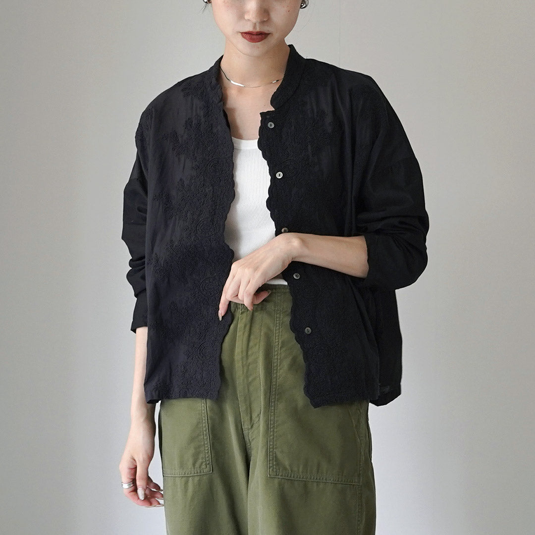 mizuiro ind（ミズイロインド） レース スタンドカラー シャツ