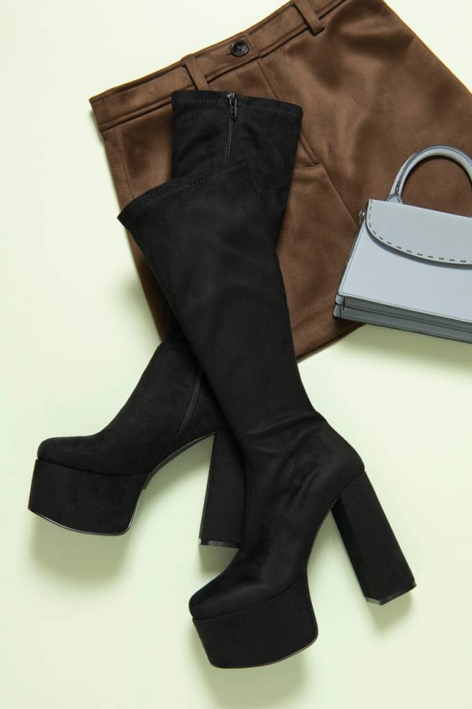 R&E 厚底チャンキーヒールNEOストレッチロングブーツ｜R&E REZOY