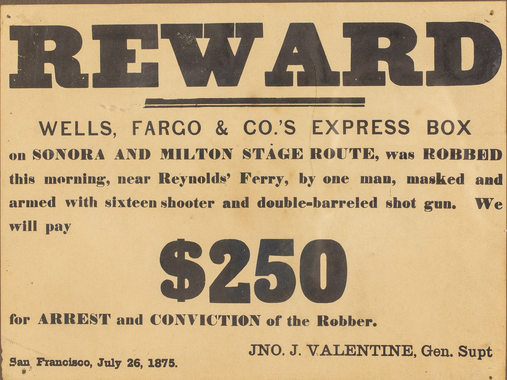 2 Wells Fargo Stage Coach Robbery Award Posters 1875 sold at