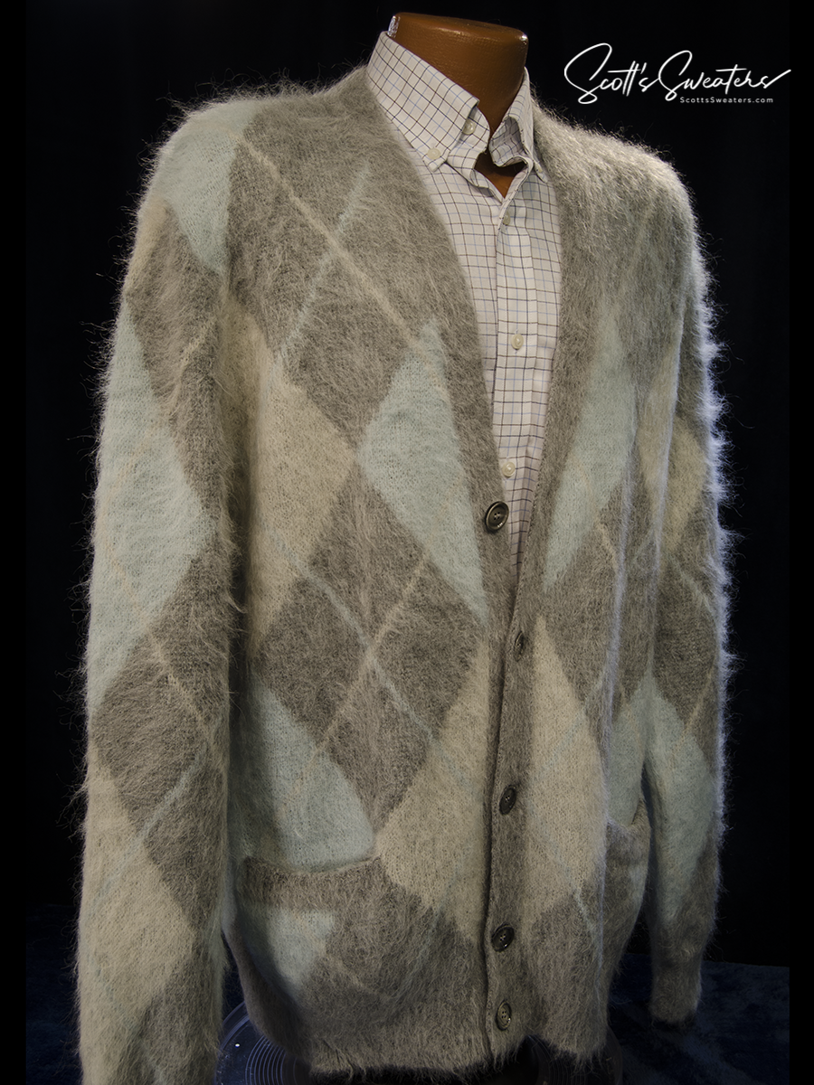 Men's Alpaca/Mohair Grey Argyle Cardigan Sweater by AMI