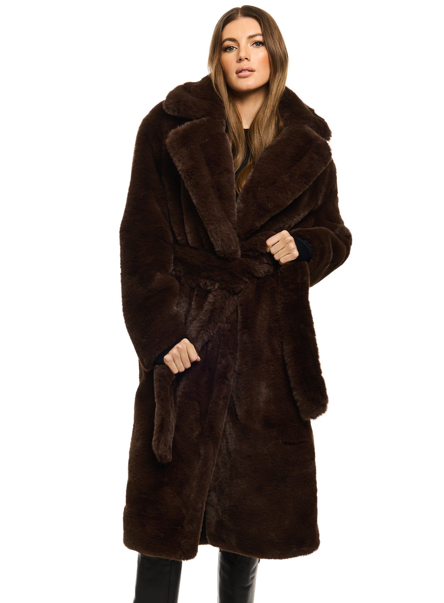 SAM new york womens MADDOX long belted faux fur coat in brown | SAM.