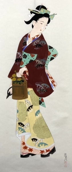 ☆ LA売却済 1月7日☆ 石川清彦「美人画」掛軸 絹本 共箱 Kiyohiko