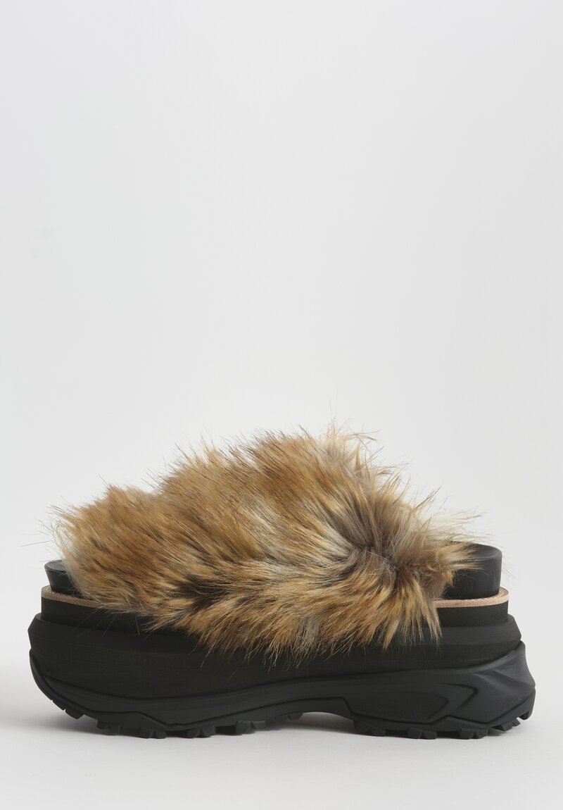 Sacai Faux Fur Platform Slides in Black & Brown | Santa Fe Dry