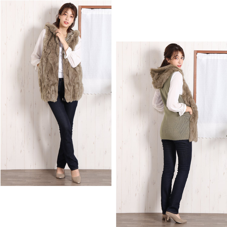 ラビット ファー ニット ベスト レディース 秋冬 フード付き Filomo