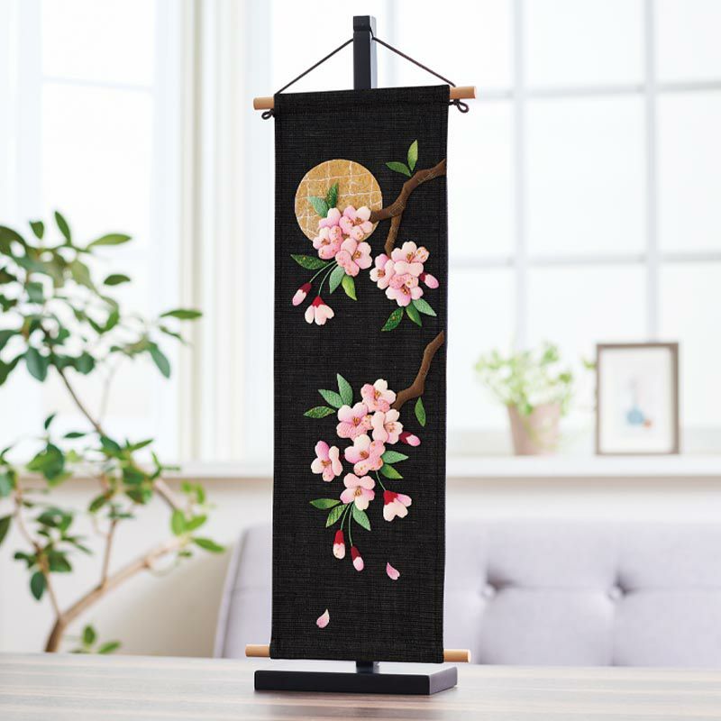 古布 江戸縮緬 押絵 ハンドメイド タペストリー つまみ桜と座り雛