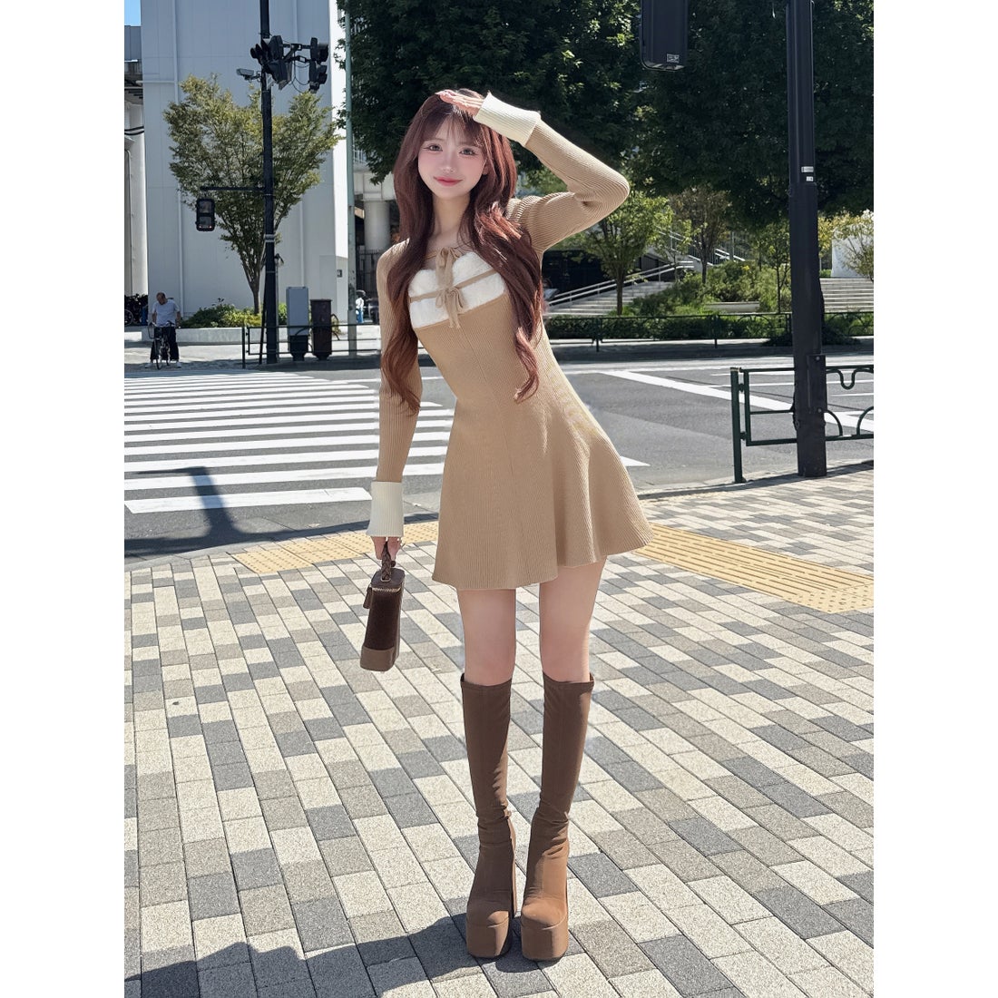 ダーリッチ Darich リボンファーフレアニットミニワンピース