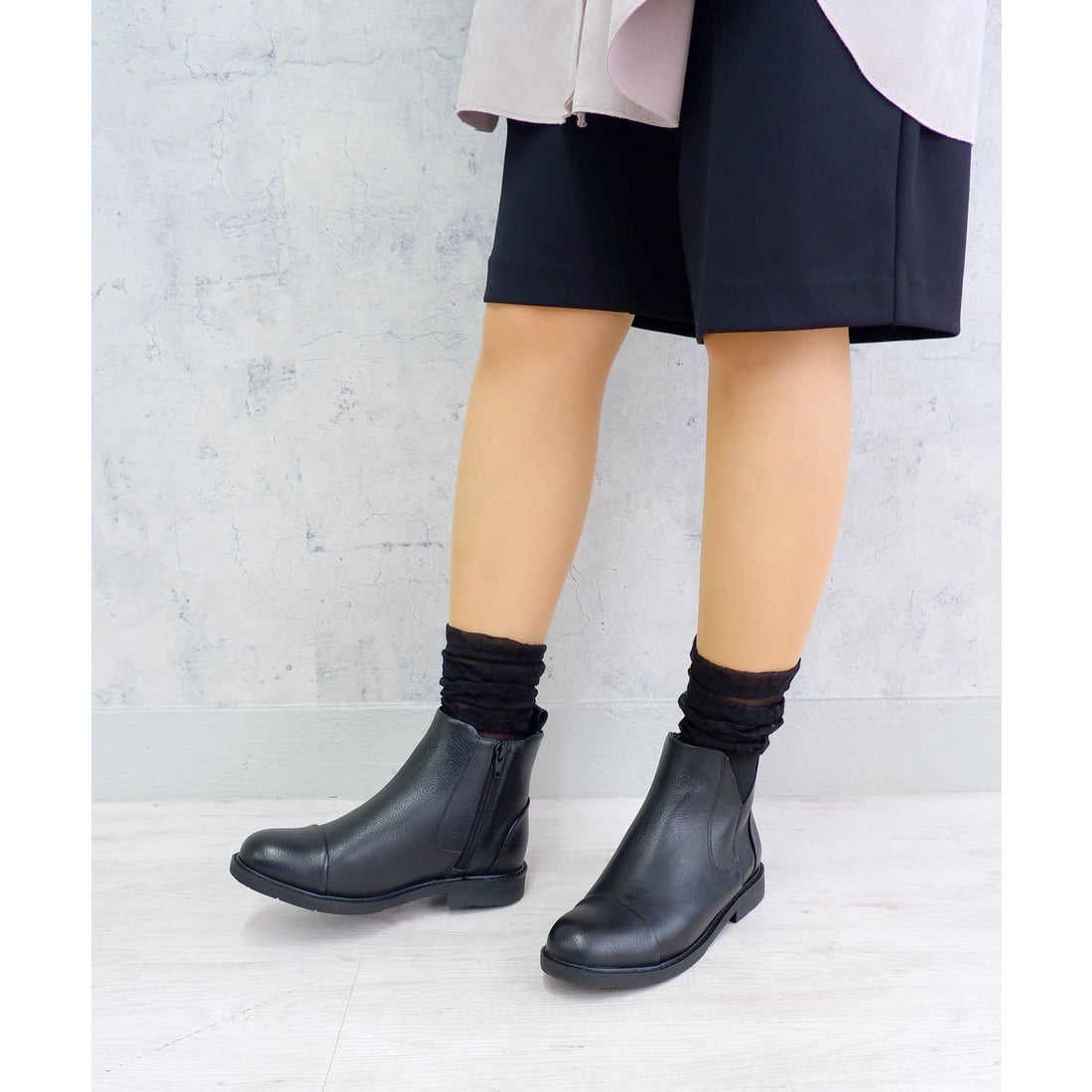 本革】 サイドゴアショートブーツ 6729 （ブラック） -モードカオリ