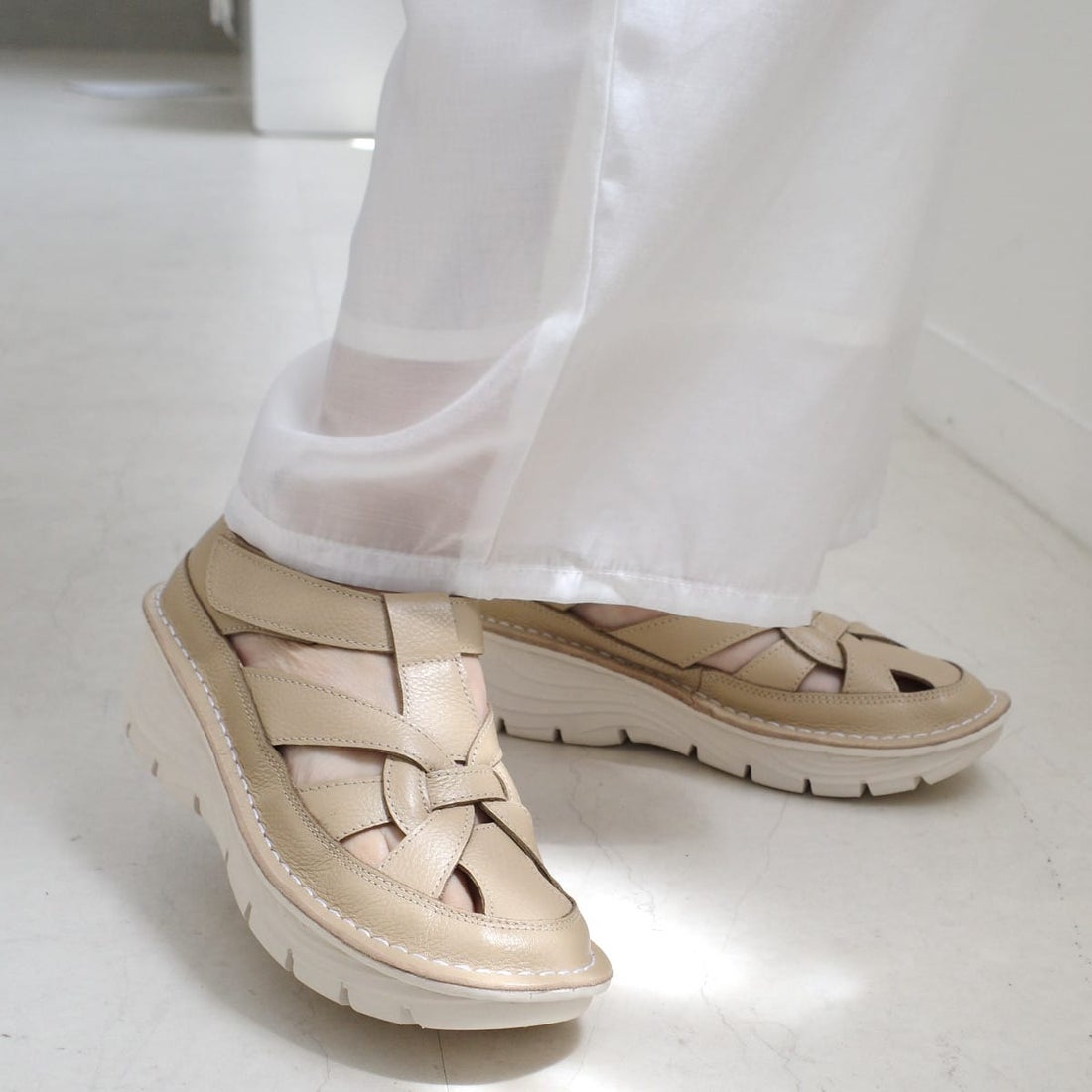 pointer 【本革】サンダル 編み込み グルカサンダル レディース 靴 白