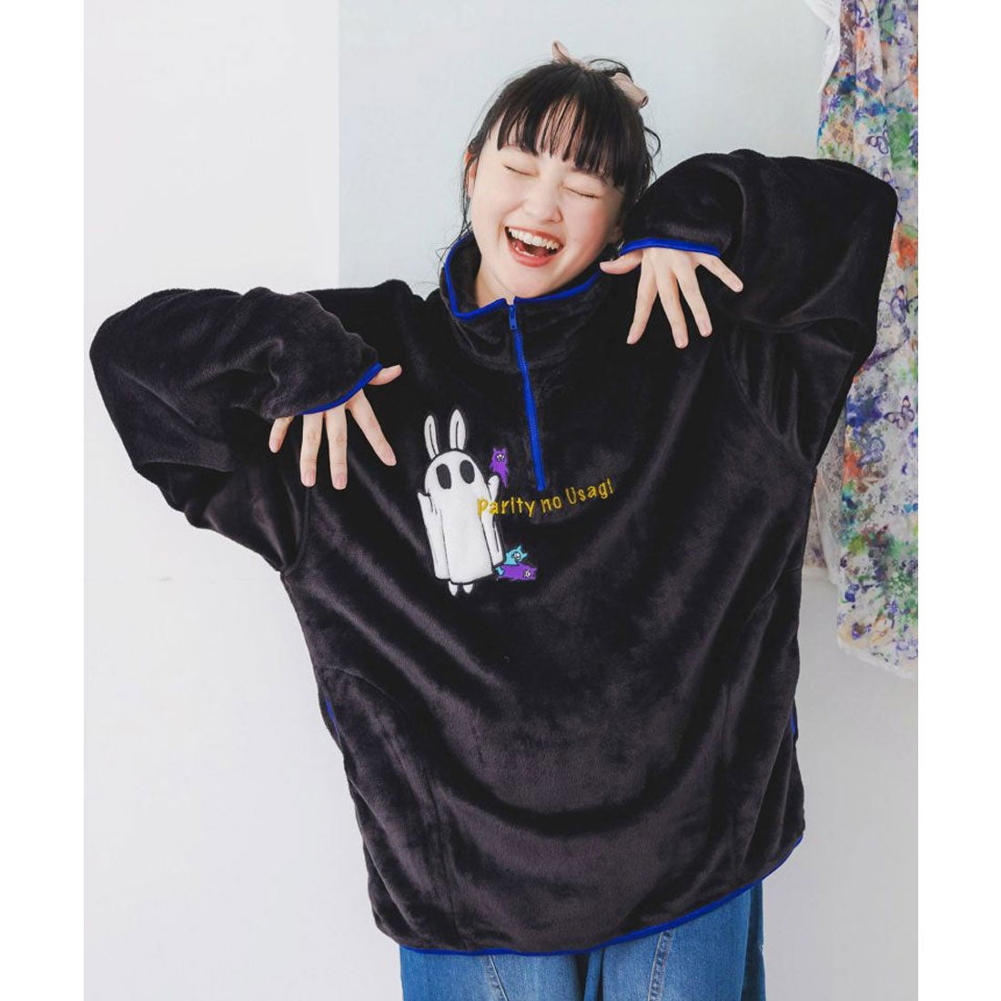 スカラー ScoLar おばけウサギ刺繍 ハーフジップフランネルプル