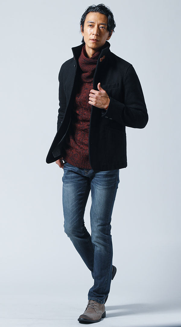 キャメルレザージャケット 黒ミックスタートルネックニット snp_kq1008