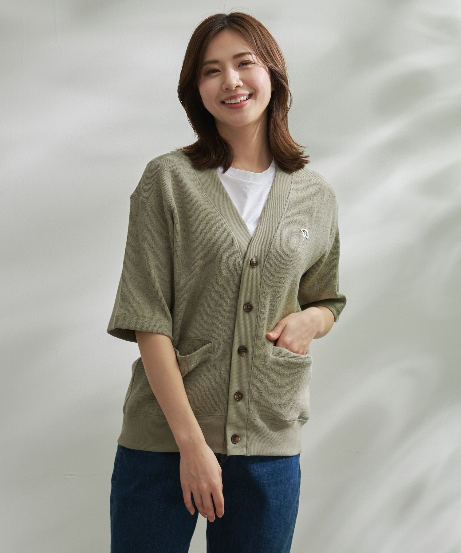 ダブルフェイスニットソーシェア5分袖カーディガン（カーディガン/ユニ