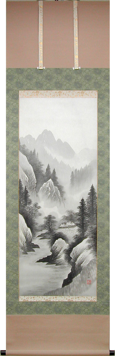 あきら◇◇日本の水墨画 山と家の風景 掛け軸 あきら◇◇日本の水墨画