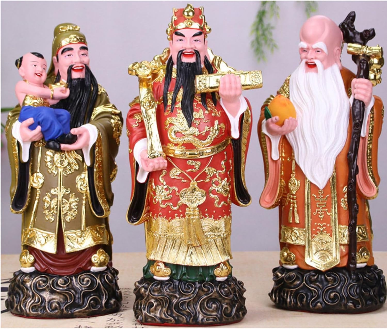 福禄寿 三星 木彫り 置物 3体 まとめ売り 像 神様 縁起物 中国 27cm