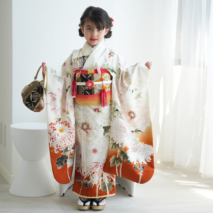 レンタル】七五三着物 7歳女の子 芸艸堂 UNSODO きなり 牡丹 菊 四つ身