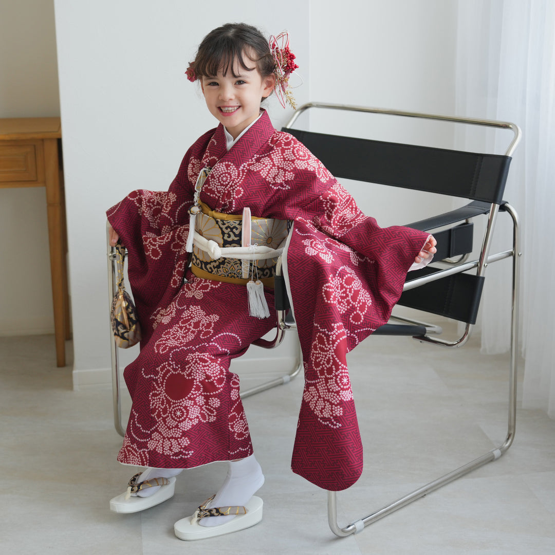 七五三着物 7歳 女の子 着物セット】販売品 四つ身 えんじの絞り柄