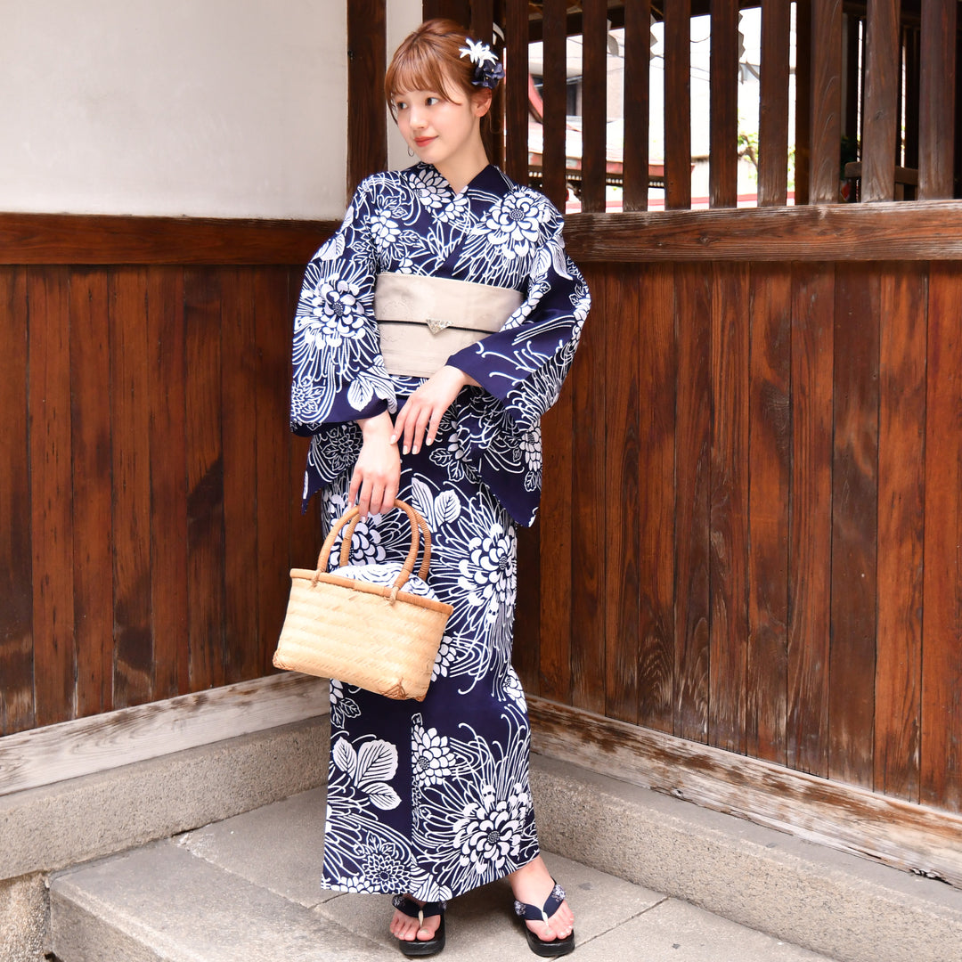 utatane × 注染工房 浴衣3点セット ( ゆかた・帯・下駄 ) 藍色に大輪の