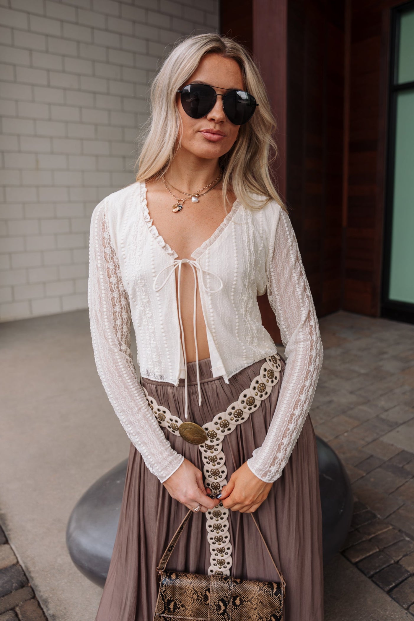 Raegan Cream Lace Sheer Front Tie Top - Lizard Thicket