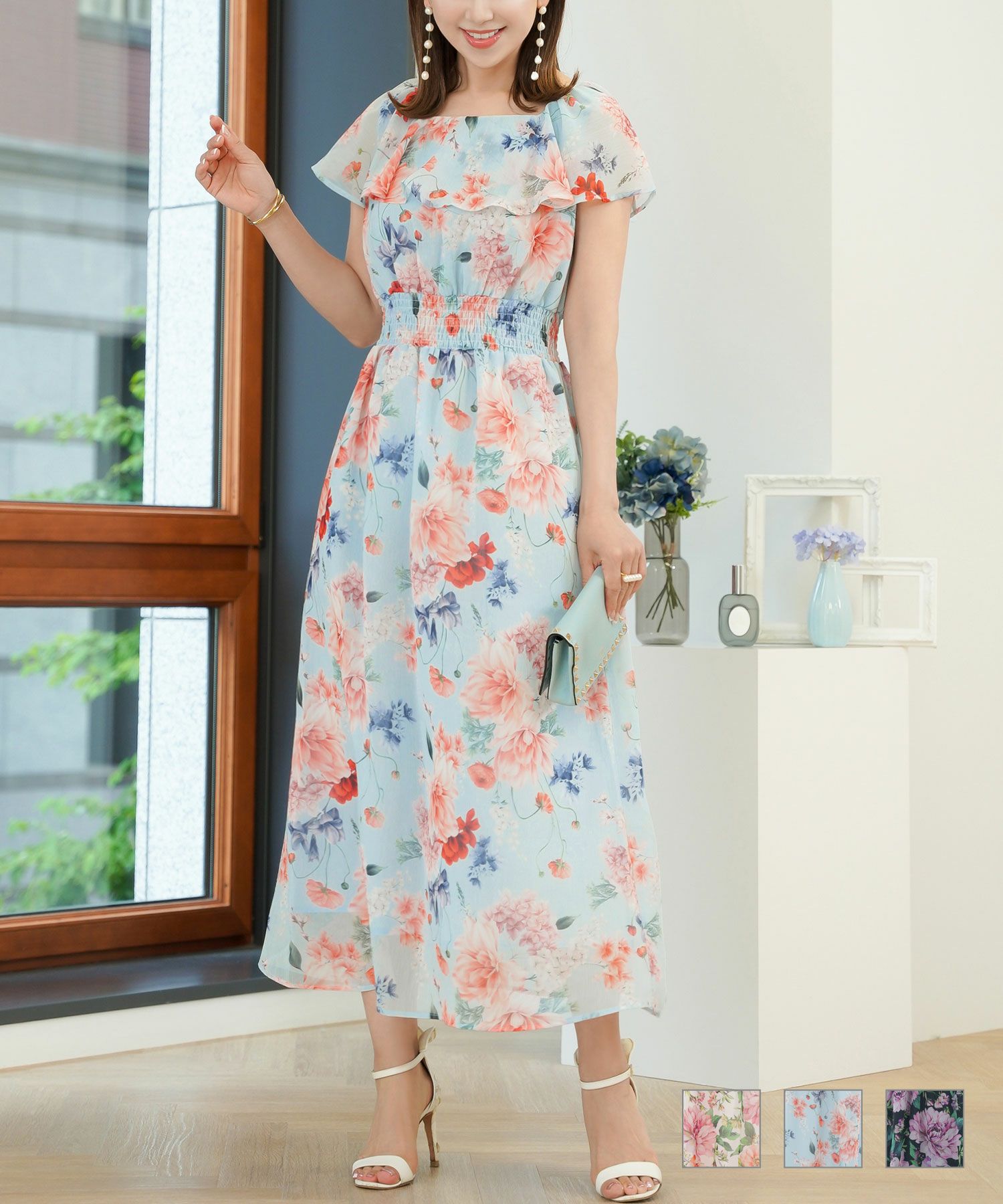 ラッフルカラー プリント ワンピース Prima Scherrer 全3色｜psc321