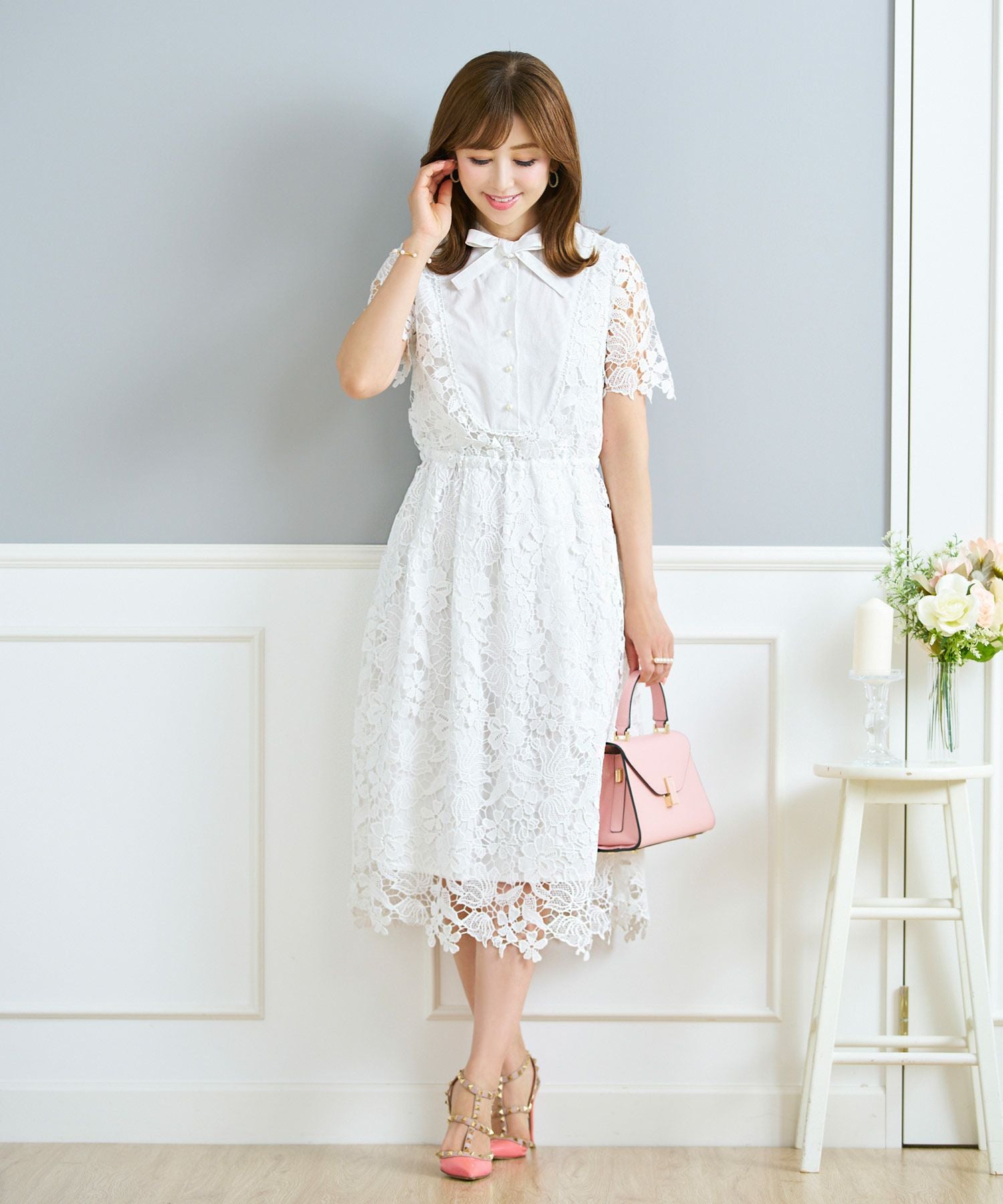 ボウタイリボン 総レース ワンピース 半袖 Prima Scherrer 全3色