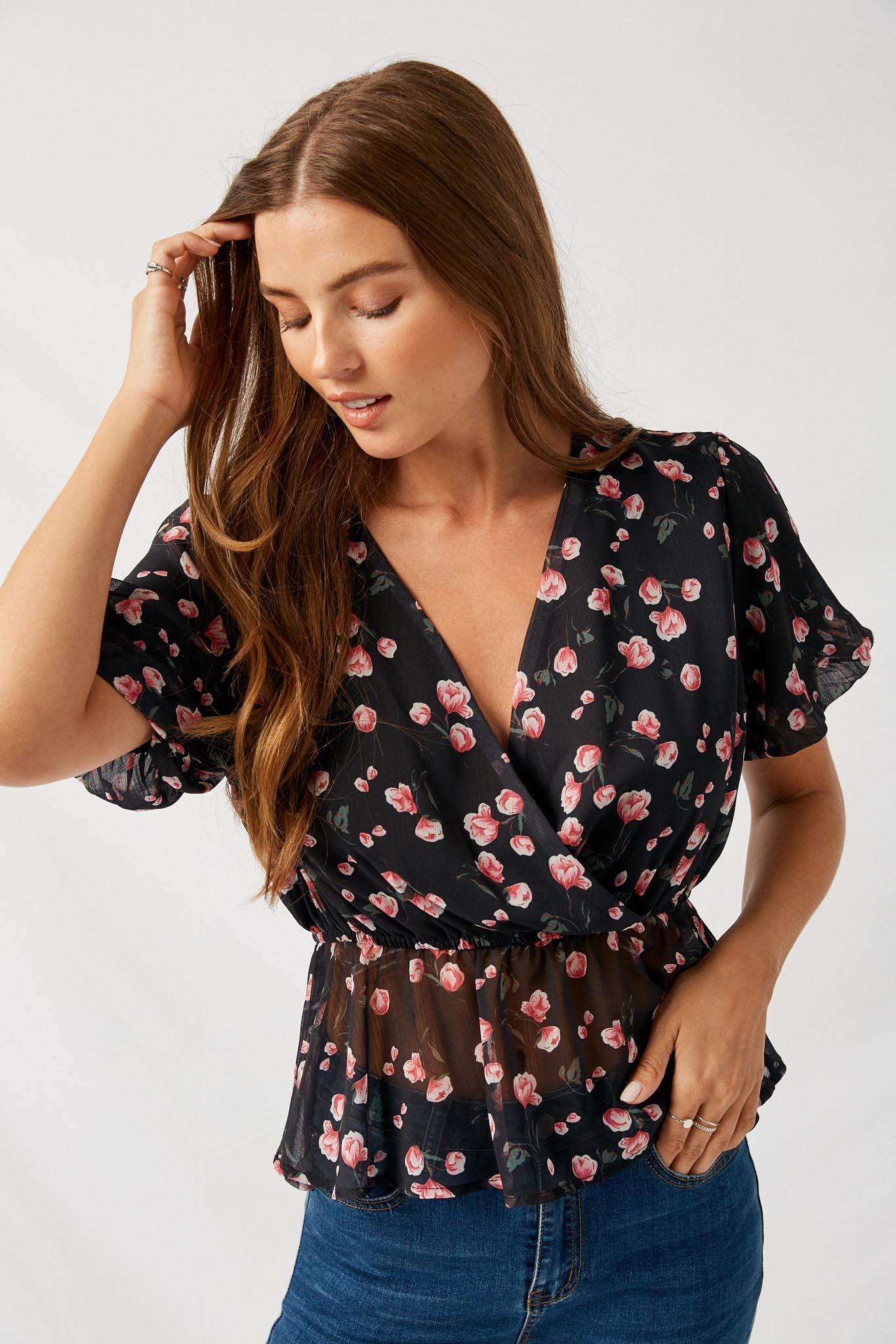 Women's Black Floral Peplum Top Blouse | Boho Clothing – Sophie