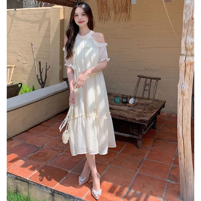 オープンショルダーシフォンワンピース（黄）春/夏 フリルやコサージュ