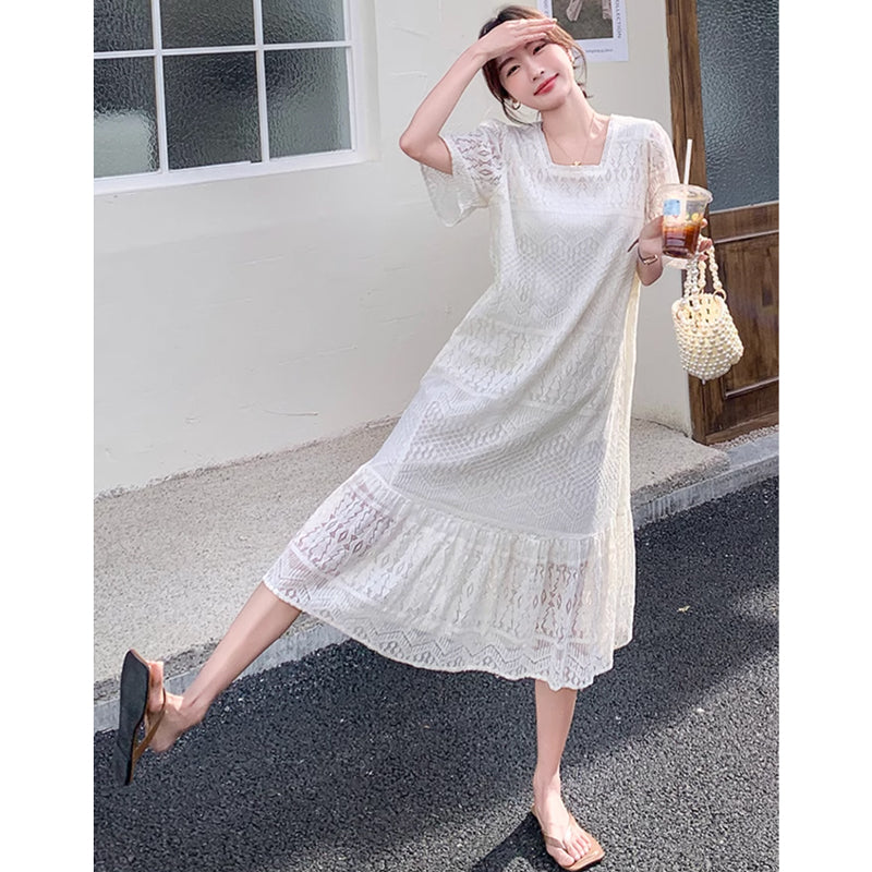 スクエアネックホワイトレースワンピース（白）春/夏 レースで女子力