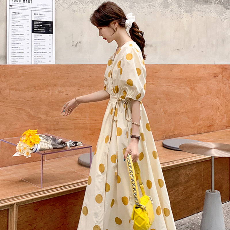 レトロドット柄ワンピース 黄・黒 春/夏 高見え