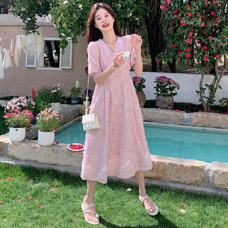 フラワーデザインVネックワンピース（ピンク）春/夏/秋 華やかで