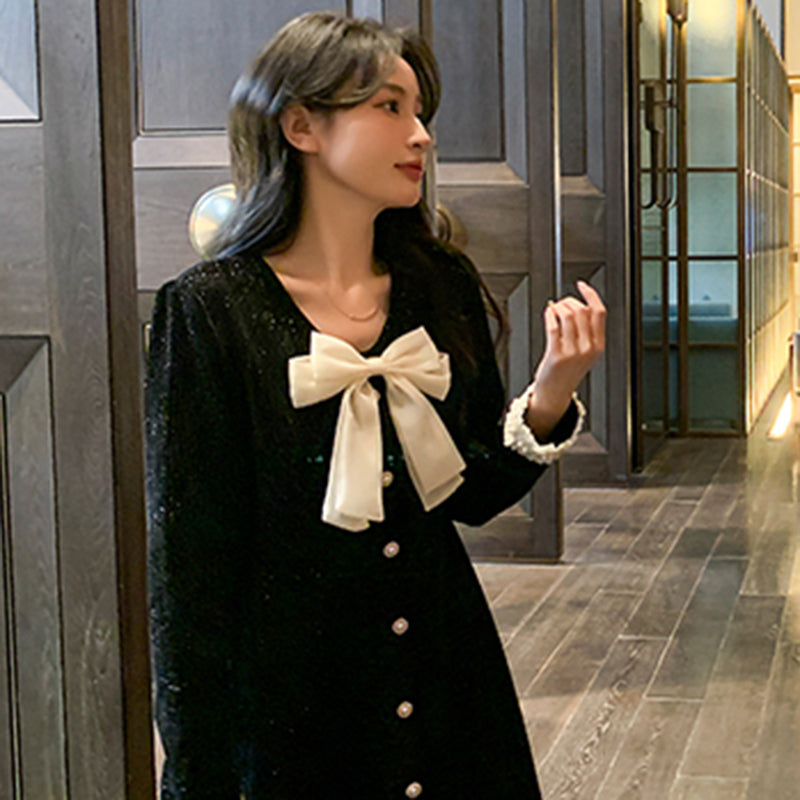 リボン付きオケージョンミニワンピース 黒 春/秋 大人可愛い