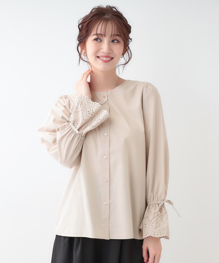 S-LL/前後2WAY/洗濯後しわになりにくい】お袖刺繍レースブラウス
