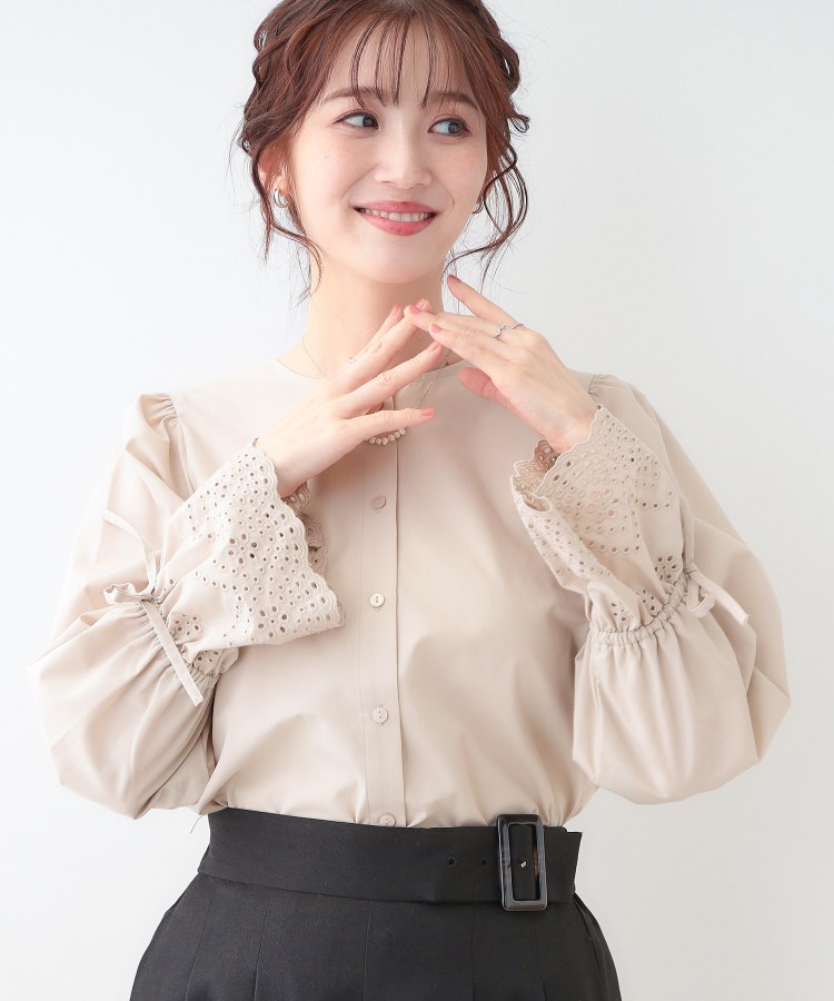 S-LL/前後2WAY/洗濯後しわになりにくい】お袖刺繍レースブラウス
