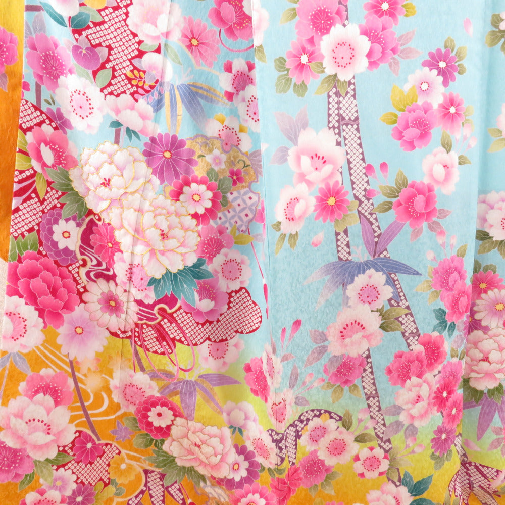 振袖 正絹 3点セット【着物 長襦袢 袋帯】銀通し アクアブルー 牡丹に