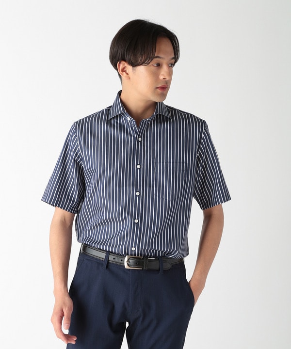 ホリゾンタルカラーコットンストライプ半袖シャツ｜メンズファッション