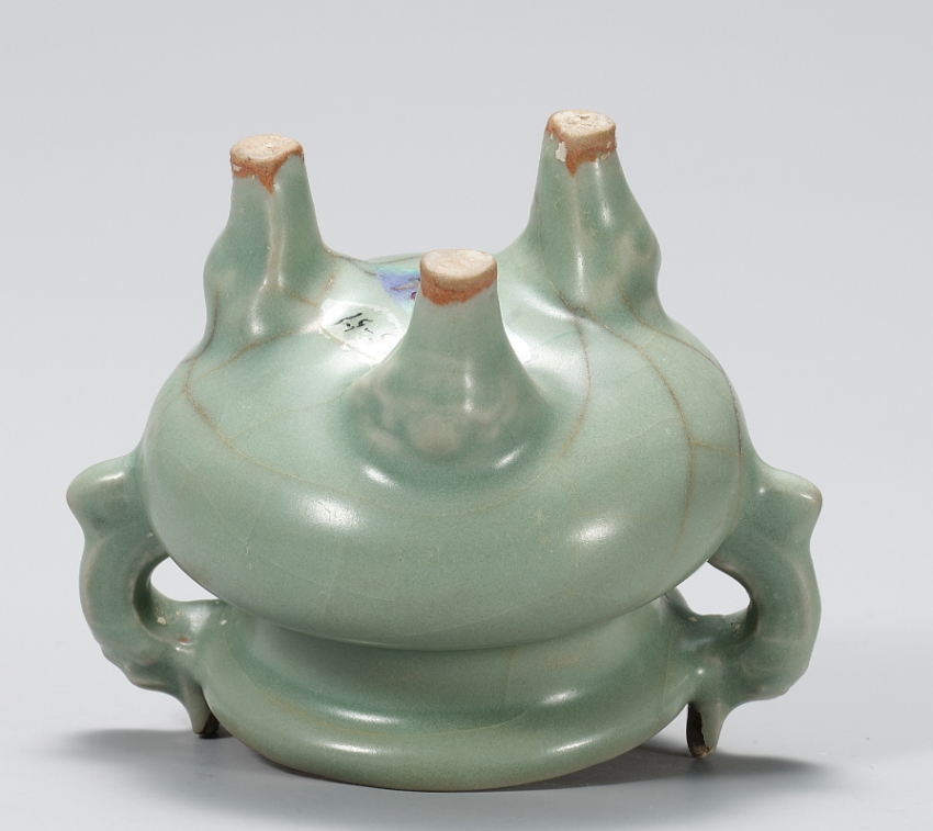 中国美術 窯變 海鼠釉 三足 獅子耳 香炉 明 旧家蔵出